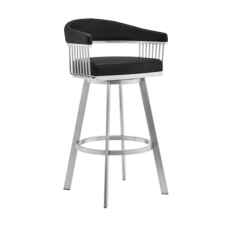 Armen Living Bronson 25" Black Faux Leather and Brushed Stainless Steel Swivel Bar Stool 721535762200